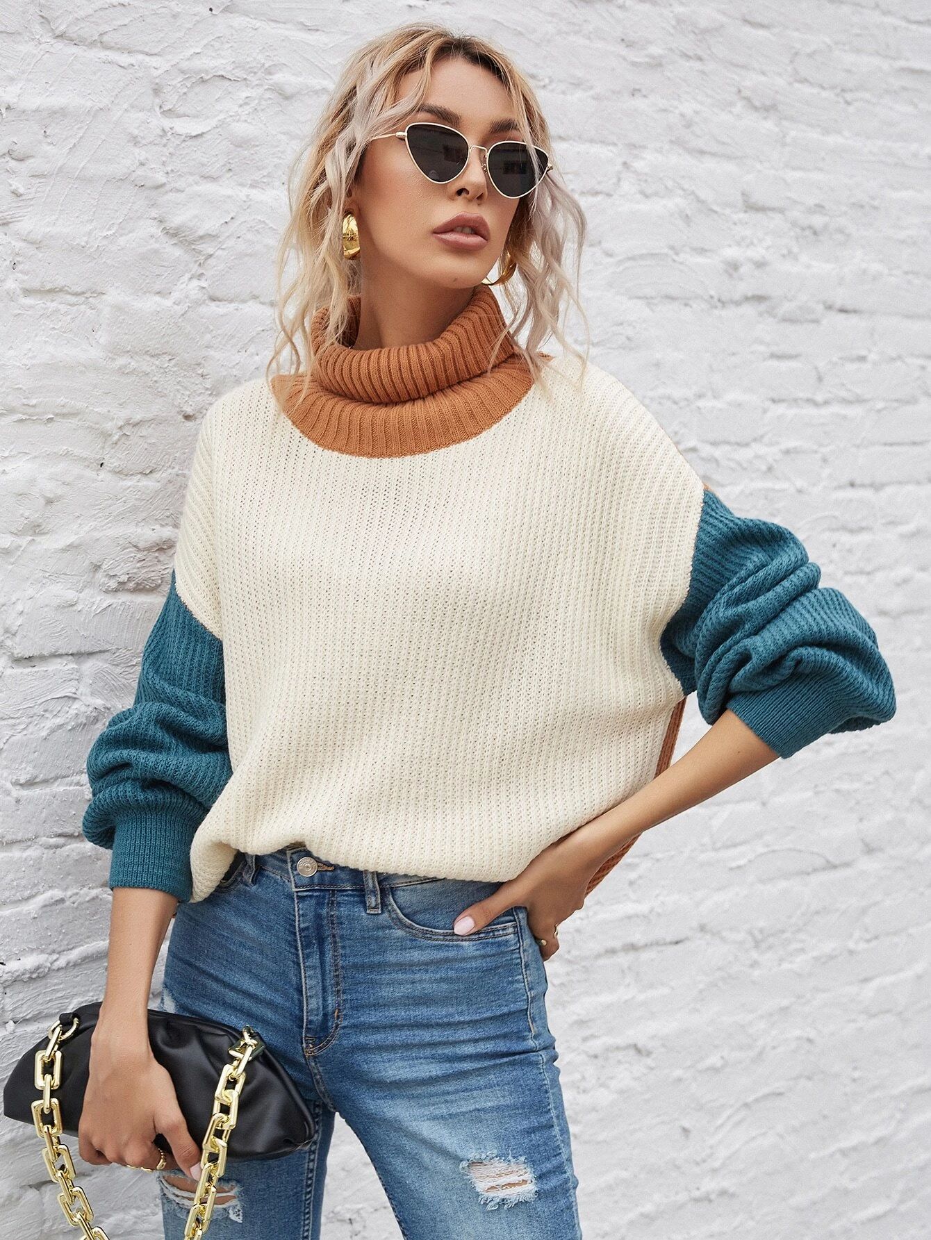 Cut And Sew Turtleneck Sweater | SHEIN