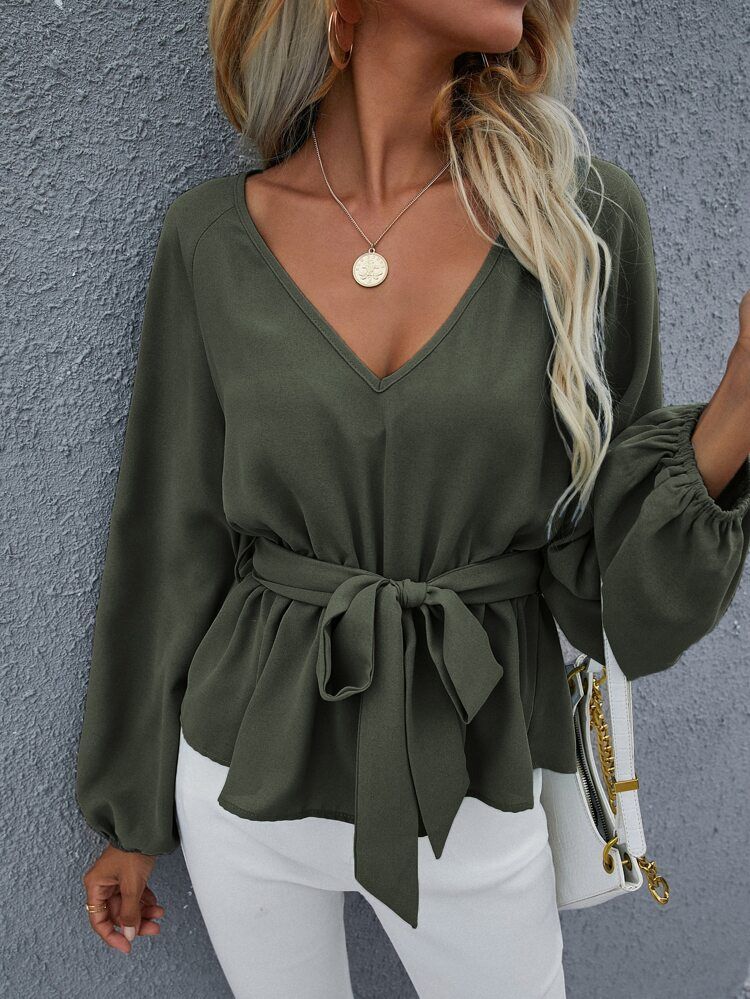 Raglan Sleeve Belted Peplum Top | SHEIN