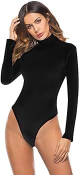 Queen.M Women's Basic Solid Bodysuit Turtleneck Leotard Top Long Sleeve Bodycon Jumpsuit Stretchy... | Amazon (US)