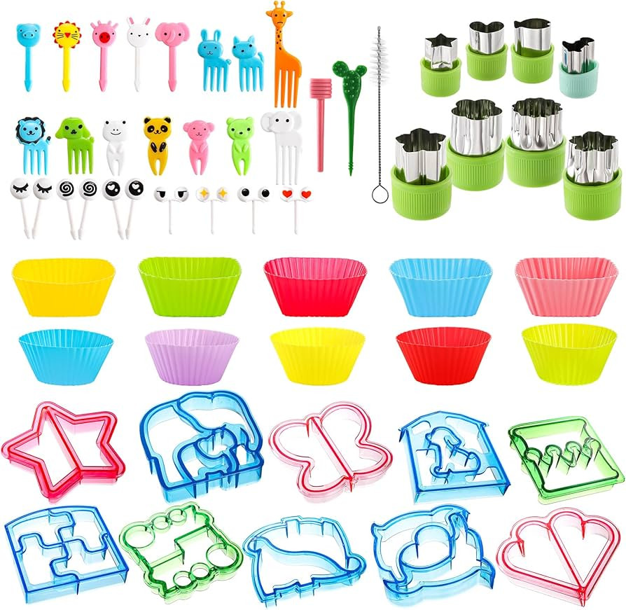 Set of 56 Bento Box Accessories Kit, 10 Sandwich Cutter, 8 Cute Fruit Cutters, 26 Animal Food Pic... | Amazon (US)