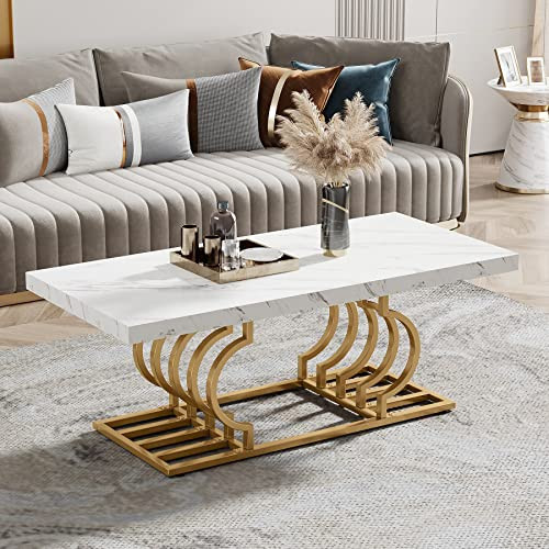 Tribesigns Modern Coffee Table, 47 Inch Faux Marble Cocktail Table with Geometric Frame, Rectangular Center Table Tea Table Accent Furniture for Living Room, Simple Assembly (White/Gold) | Amazon (US)