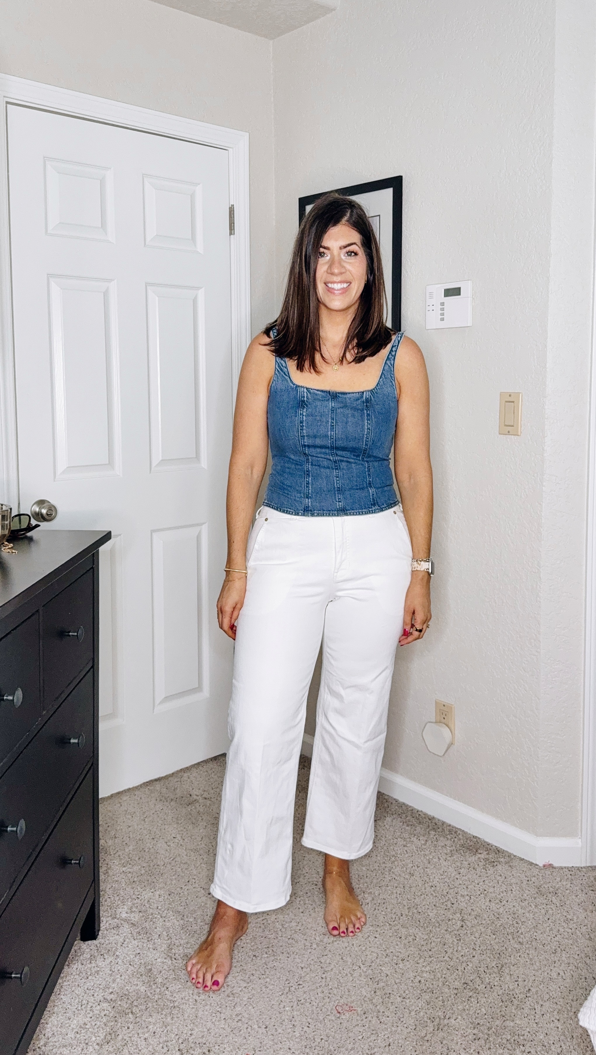 In a medium denim top and 29 regular slim wide leg jeans - run loose

#LTKMidsize #LTKOver40 #LTKSaleAlert