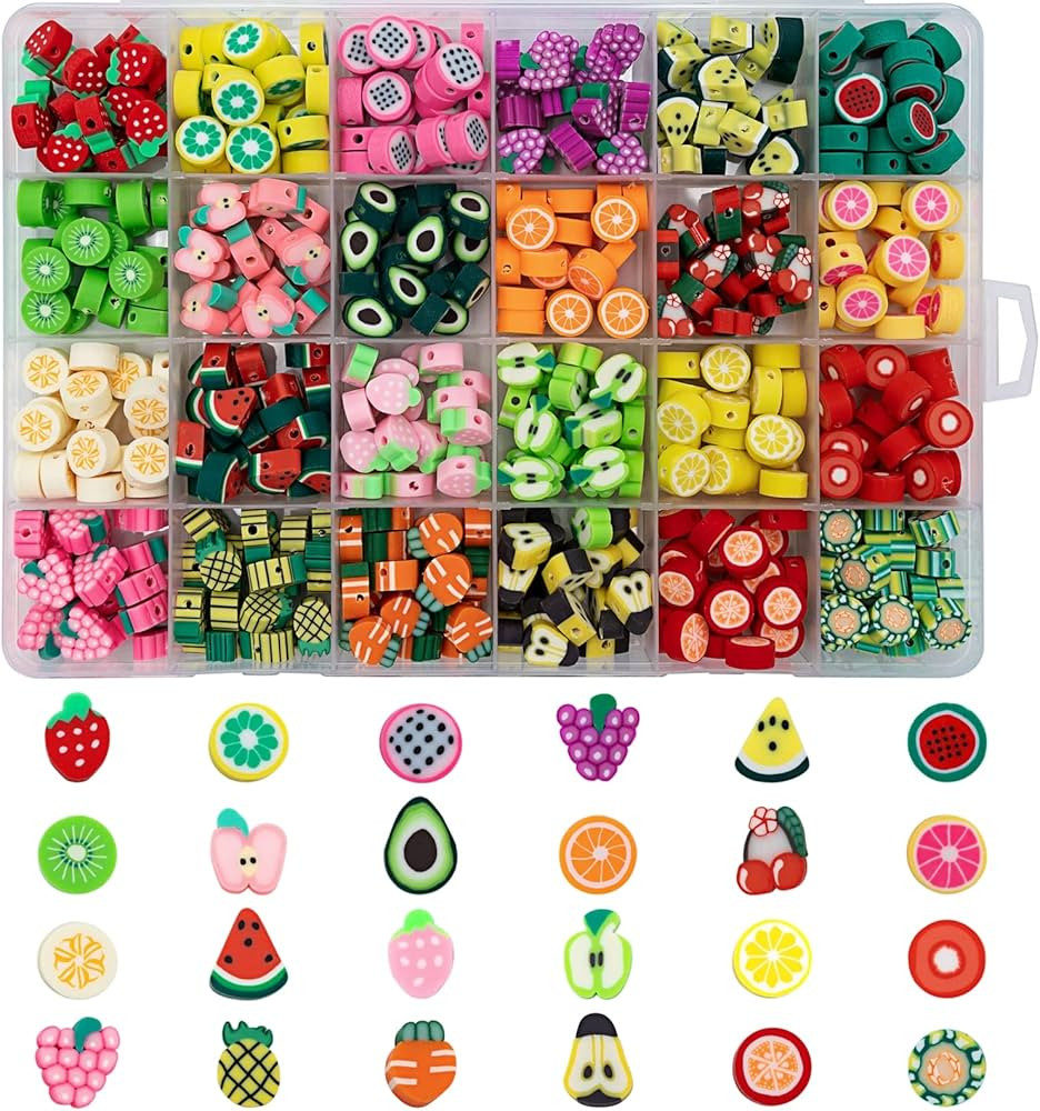 480pcs Fruits Clay Beads for Jewelry Making, 24 Styles Mixed Clay Beads Fruit Charms for Bracelet... | Amazon (US)