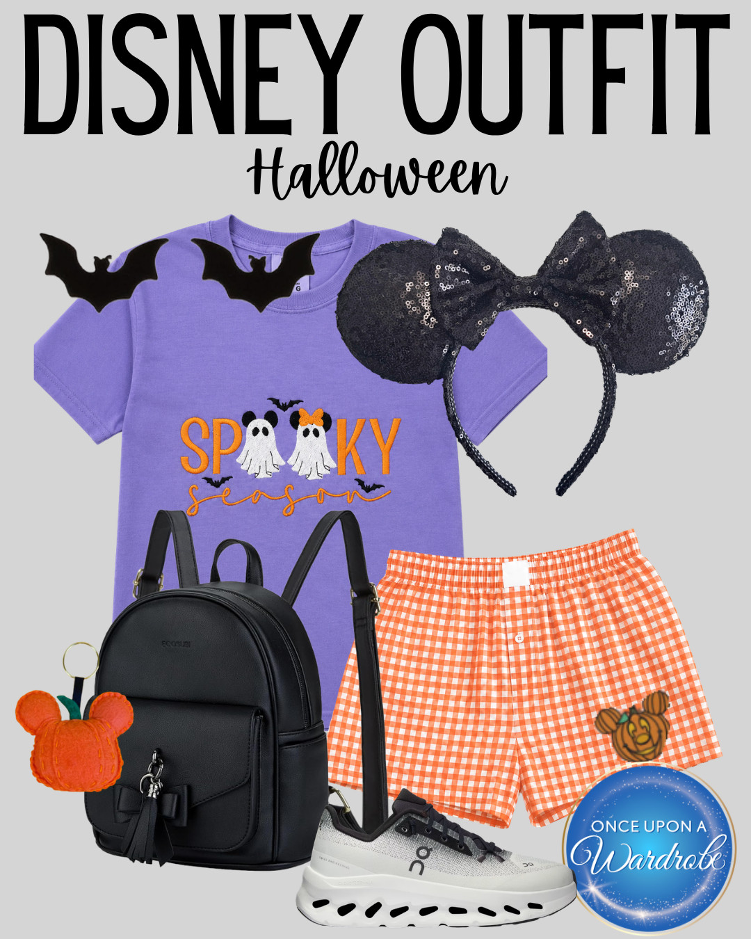 Disney Halloween outfit idea for the parks! 🎃 This spooky season look is easy, comfy, and cute with a purple Halloween tee, orange gingham shorts, black mini backpack, black sequin ears, white sneakers, and Mickey pumpkin accessories. Perfect for a Disney Halloween day, Mickey’s Not-So-Scary Halloween Party, or a fall Disney World trip. 

 #LTKmomlife #LTKSeasonal #LTKTravel