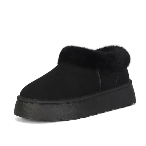 MOBGAD Fuzzy Platform Slippers For Women Mini Boots Fluffy House Slippers Clogs Indoor Outdoor Short Ankle Fur Snow Booties Black | Amazon (US)