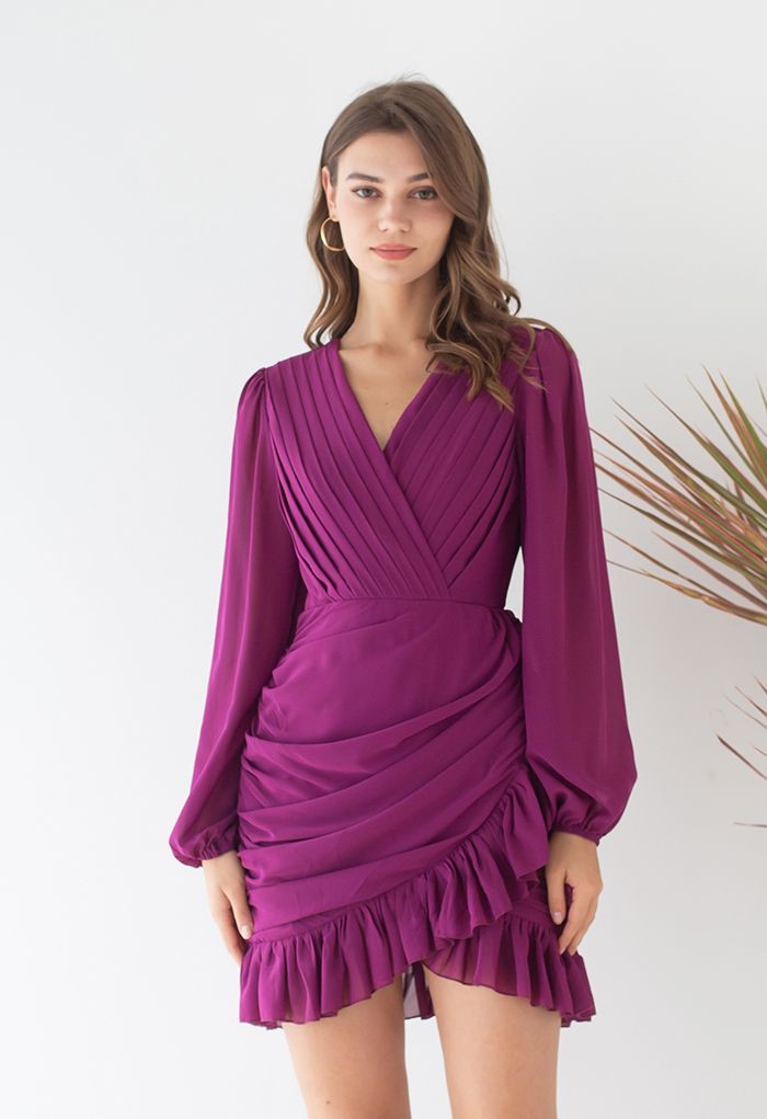 V-Neck Ruffle Hem Chiffon Mini Dress in Magenta | Chicwish