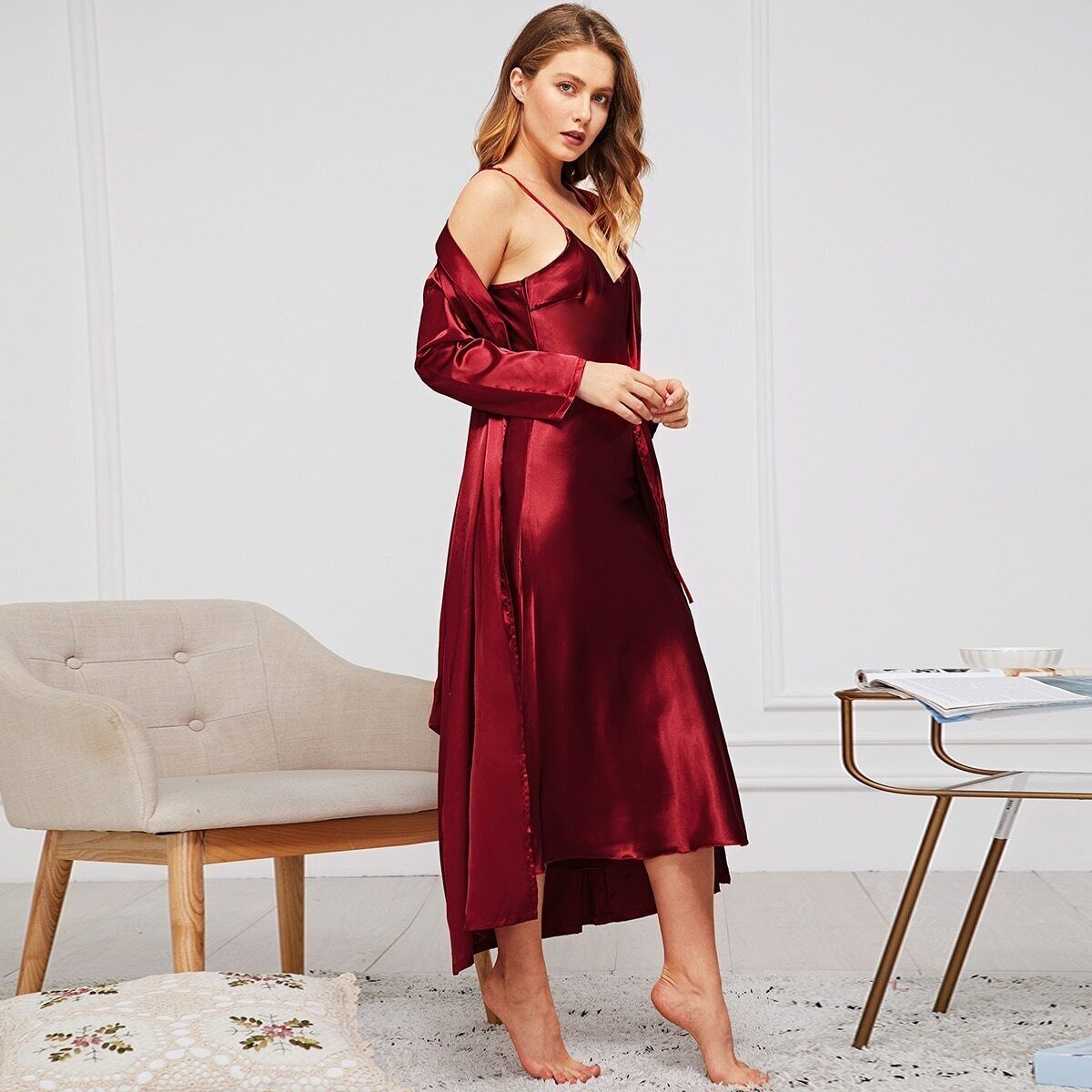 Satin Cami Dress With Self Belted Robe | SHEIN