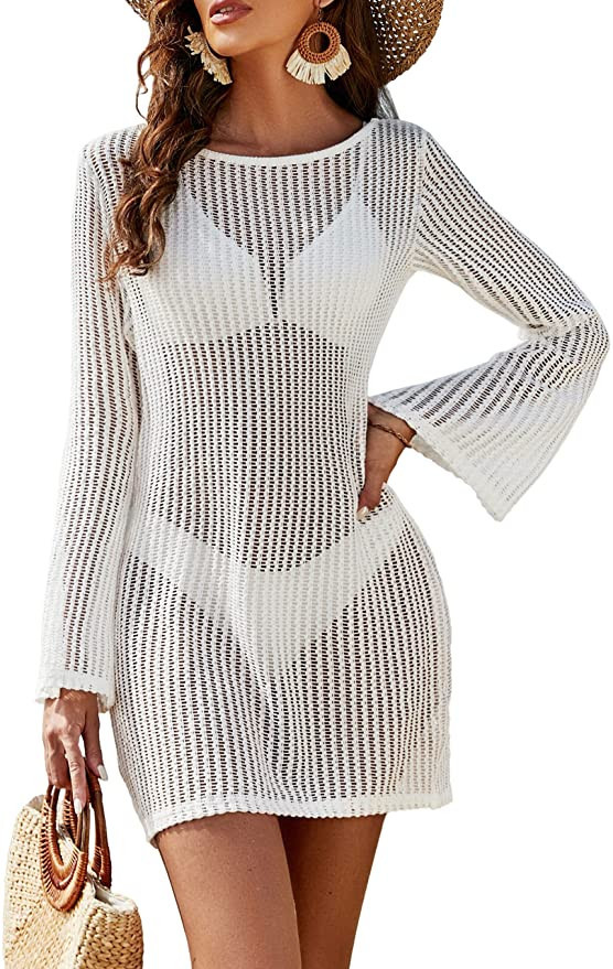 Blooming Jelly Women's Swimsuit Coverup Crochet Bikini Cover Ups Hollow Out Net Longsleeve Swimwe... | Amazon (CA)