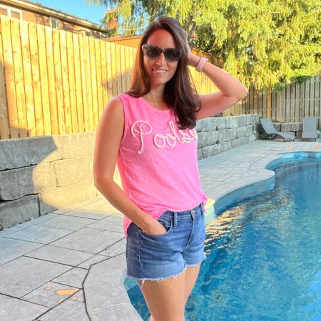 These denim cut off shorts are perfect for a day by the pool.  I am wearing size 28.  The shorts linked as exact products are the same shorts in different washes from the shorts in the photo.

#LTKSeasonal #LTKFind #LTKstyletip