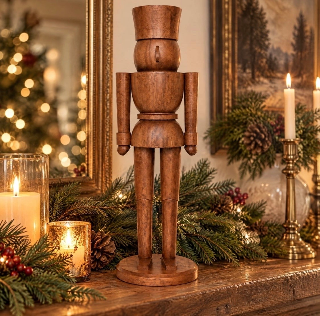 Bring warm, timeless style to your Christmas display with the My Texas House Wood Nutcracker Christmas Decoration. Standing three feet tall, this oversized nutcracker makes an eye-catching statement while keeping the look simple and refined. The dark natural wood finish highlights the wood grain and gives the classic soldier silhouette a rich, traditional feel. Place it beside the Christmas tree to add height to your ornament display, or stand it near an entryway console with greenery and brass accents to welcome holiday guests. Celebrate the season with classic character and natural warmth from the My Texas House Wood Nutcracker Christmas Decoration

#LTKSeasonal #LTKHome