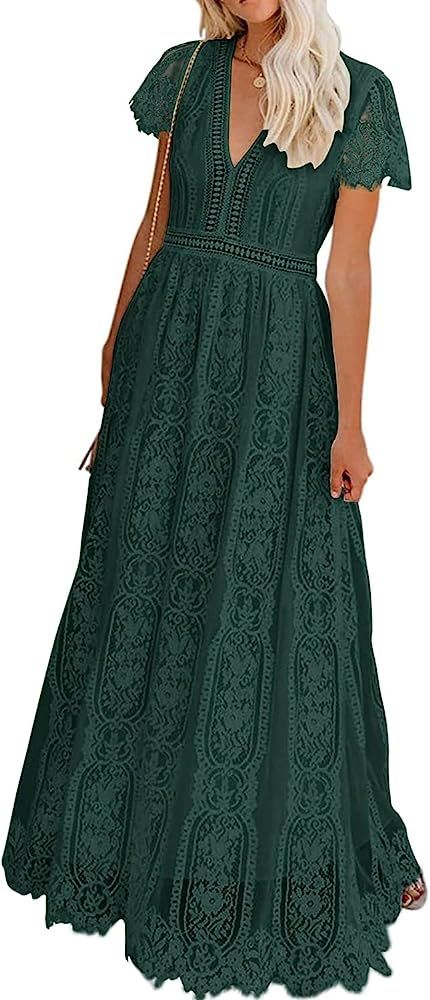 PRETTYGARDEN Women's Floral Lace Maxi Dress Short Sleeve V Neck Bridesmaid Wedding Evening Party Dre | Amazon (US)