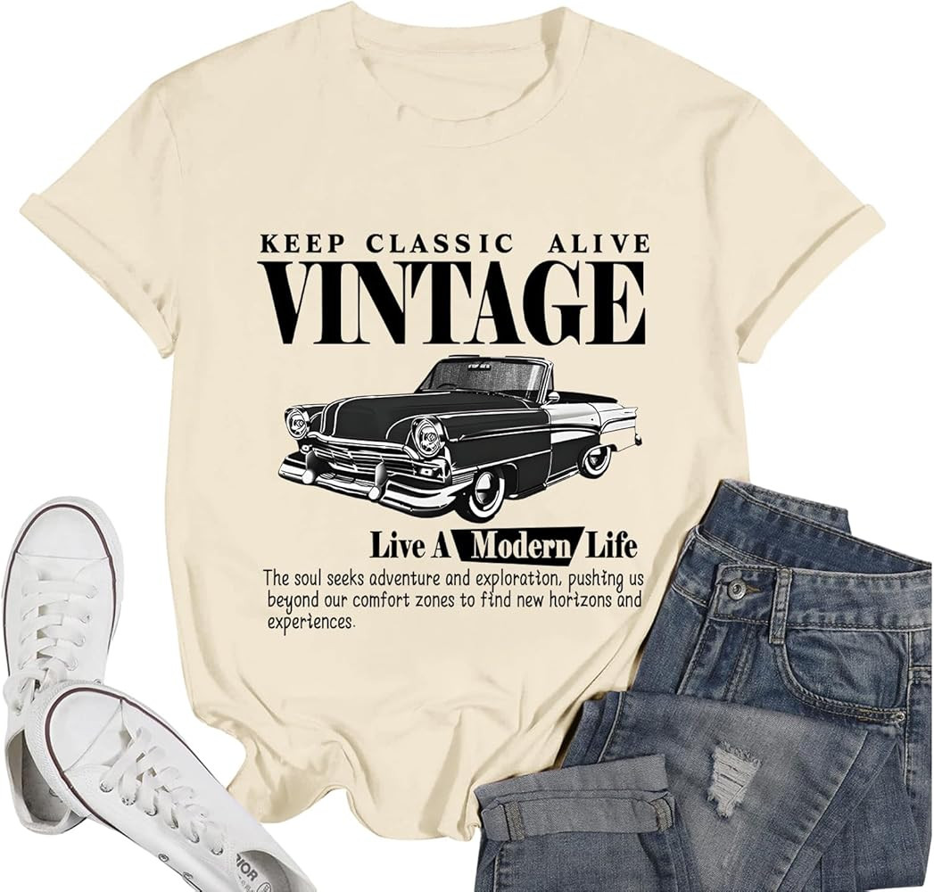 Vintage Cars Tshirts for Women Aesthetic Shirt Graphic Tees Streetwear Shirts Summer Letter Crewn... | Amazon (US)