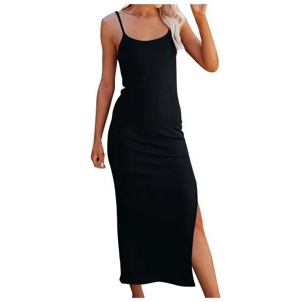 VSSSJ Women's Summer Crew Neck Spaghetti Straps Split Long Dresses Solid Color Sexy Sleeveless Ri... | Walmart (US)