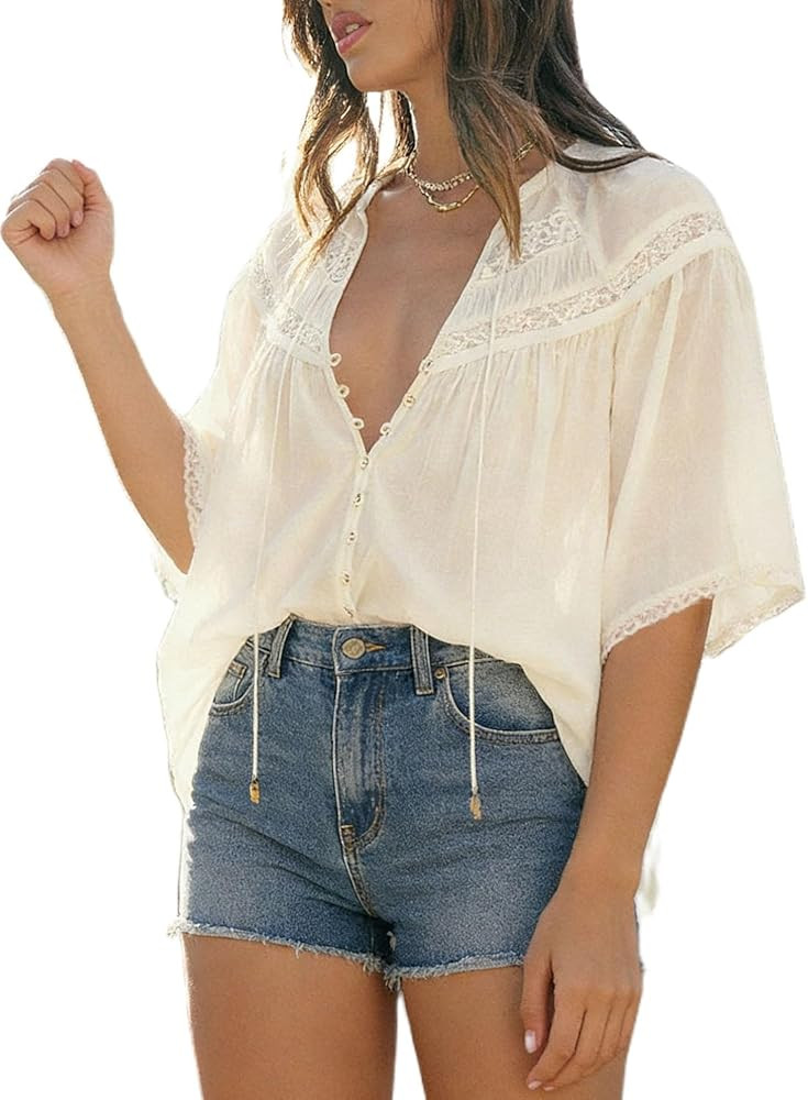 Yiulangde Women Flowy Lace Top Boho Tie Front Puff Sleeve Blouse V Neck Cinched Waist Tunic Dress... | Amazon (US)