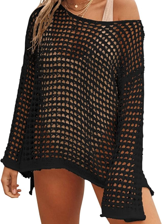 LOMON Womens Beach Cover Ups Long Sleeve Crochet Coverups for Swimwear Mesh Knit Swimsuit Cover U... | Amazon (US)