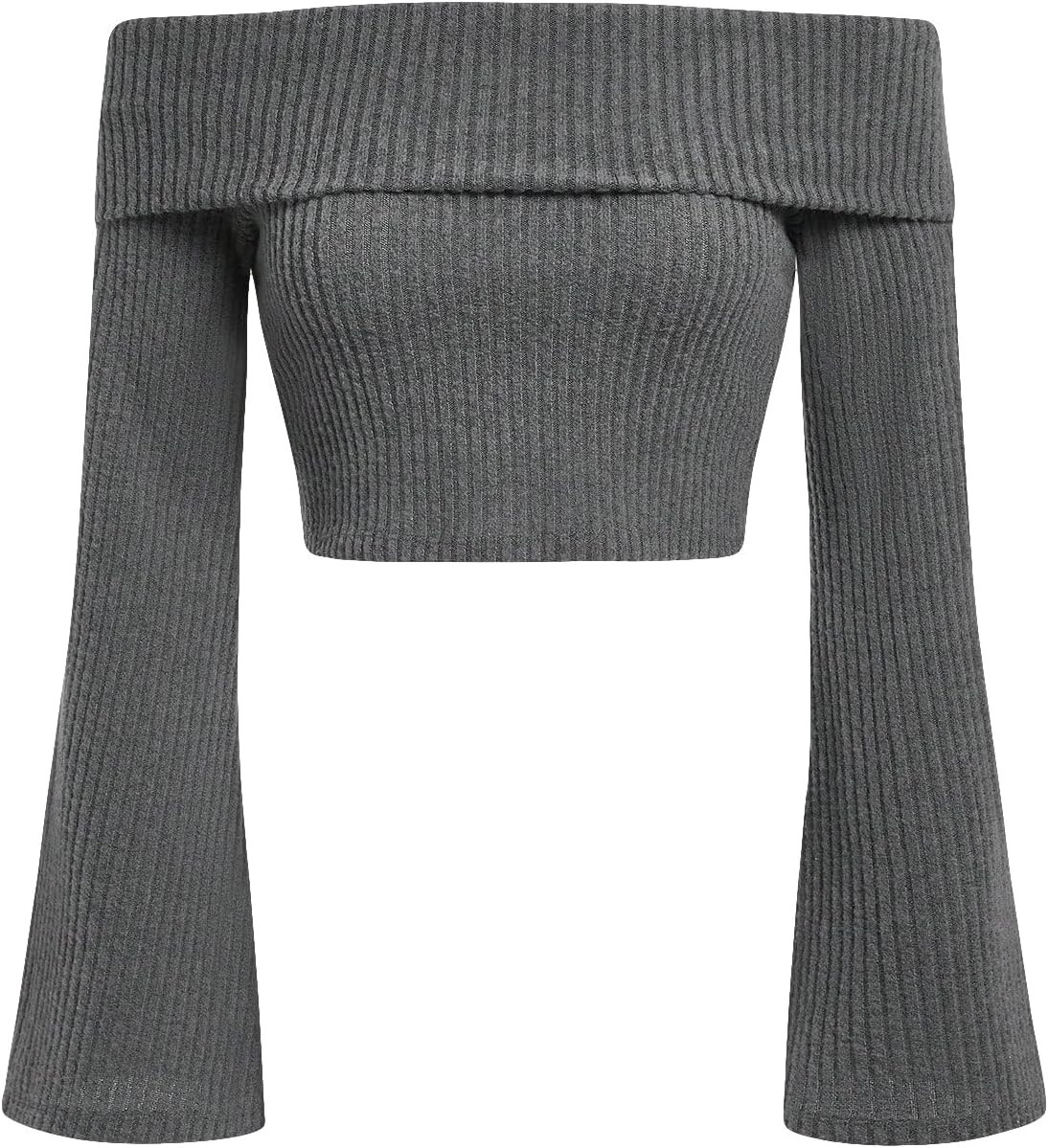 SweatyRocks Women's Off Shoulder Bell Long Sleeve T-Shirt Solid Fitted Ribbed Knit Crop Tops | Amazon (US)