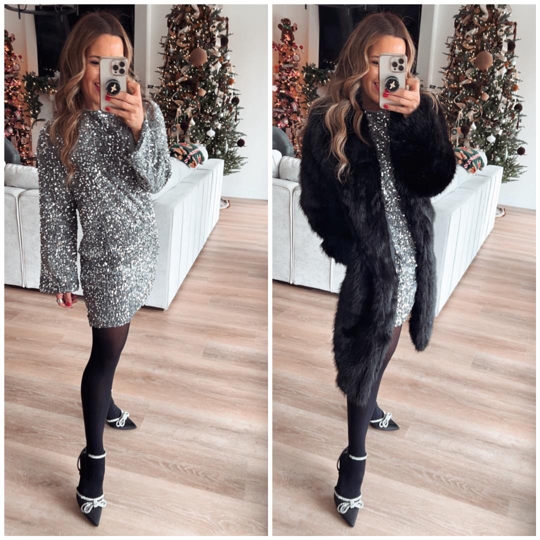 This dress would be greatt for a holiday party or new years. I love the bow detail in the back. Wearing an xs  in the dress and coat an xxs/xs Holiday dresses, New Year’s Eve dress, faux fur coat, winter style, Christmas party dresses, sequin dress, 

#LTKHoliday #LTKFindsUnder50 #LTKParties