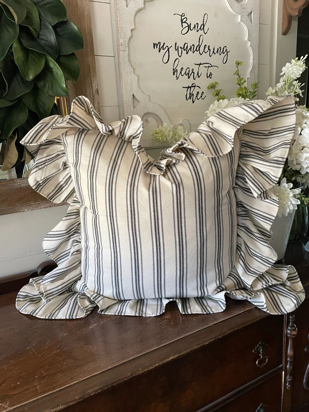 Cream and Black Stripe Pillow Cover With Hemmed Edge Ruffle - Etsy | Etsy (US)