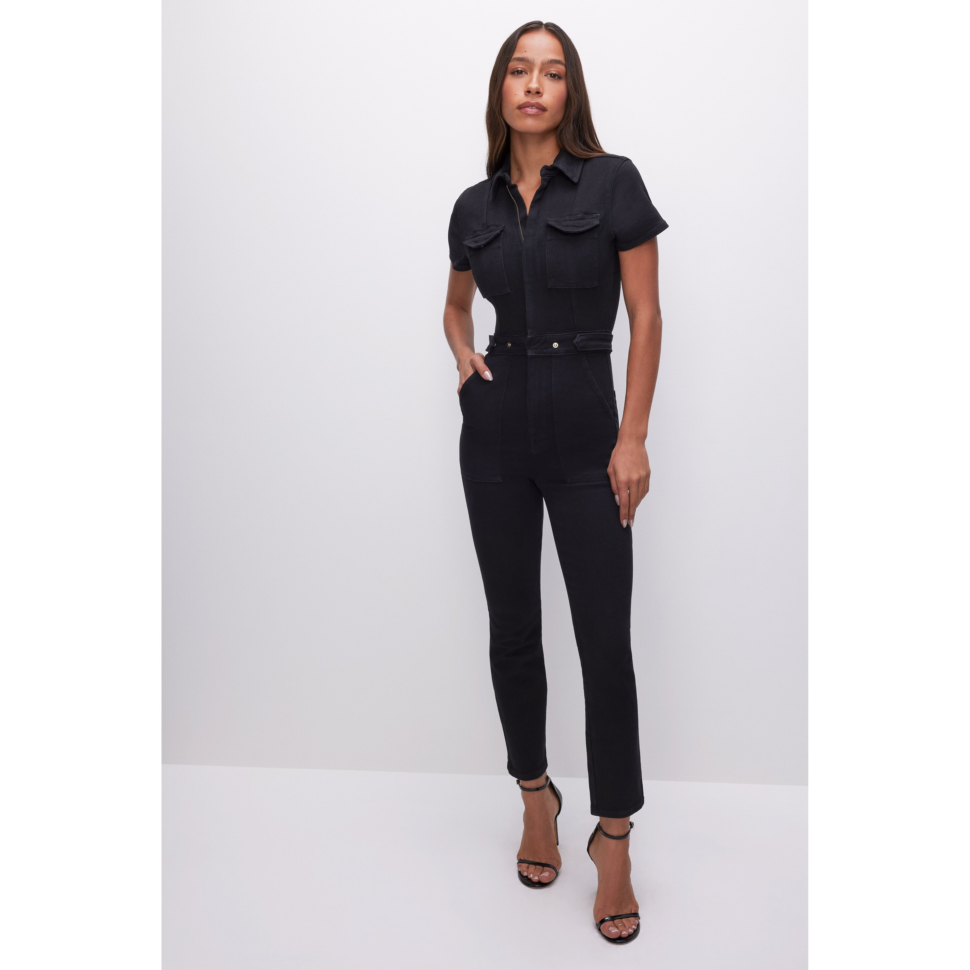 Women's Fit For Success Denim Jumpsuit | Black, | Hidden Front Zipper Closure, Breast Pockets Size Medium | Good American by Khl | Good American