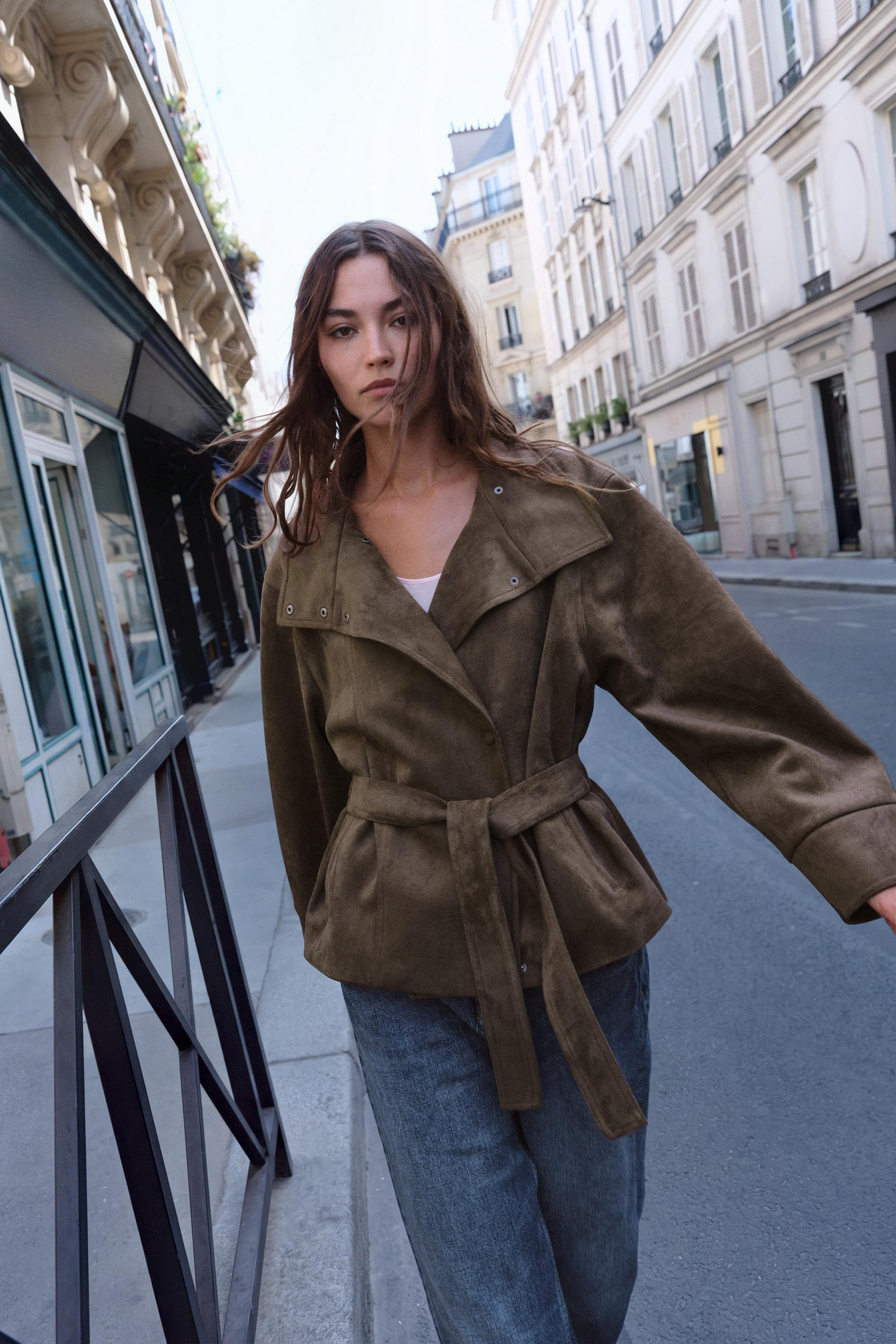Jacket with a high collar and long sleeves. Front pockets. Featuring a matching fabric belt and g... | Zara UK