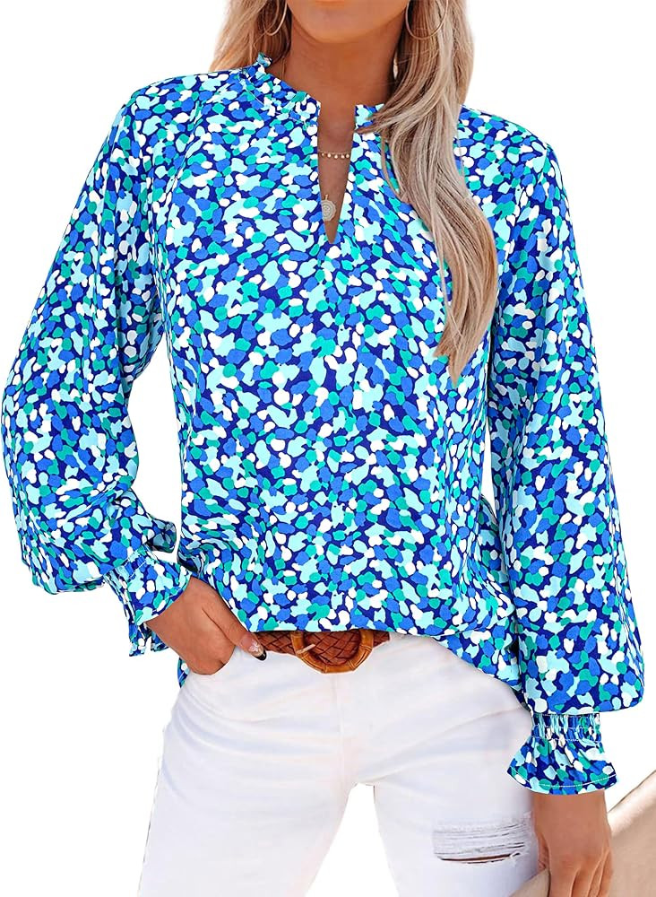 MASCOMODA Womens V Neck Floral Long Sleeve Tops 2025 Summer Casual Loose Puff Sleeve Chiffon Boho... | Amazon (US)