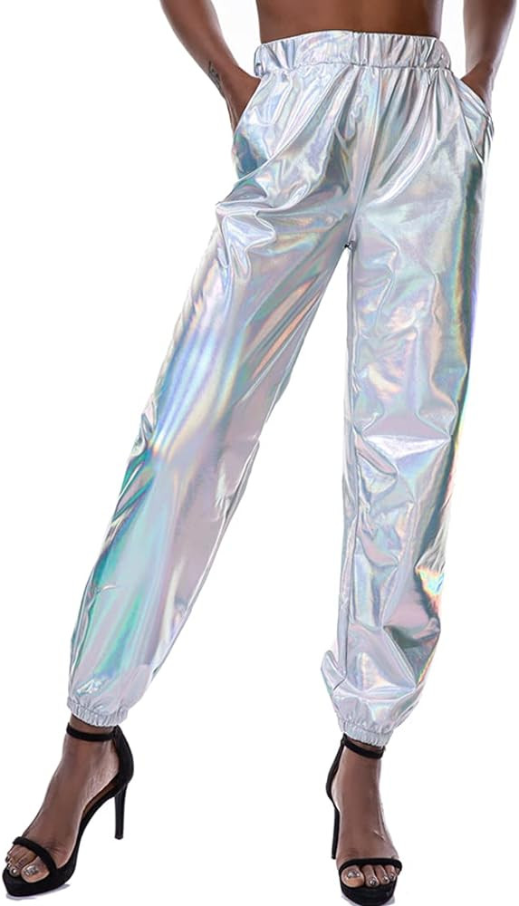 Fenyong Womens Shiny Metallic Pants, Holographic Disco Sweatpant for 70s 80s Alien Space Cowgirl Hal | Amazon (US)