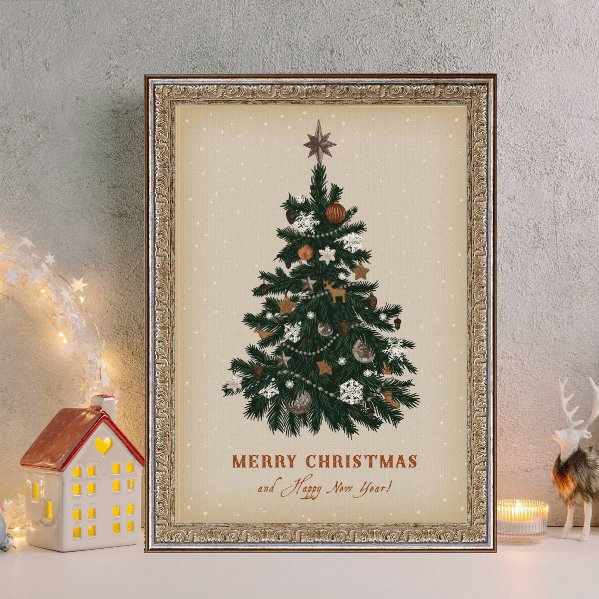 8" x 10" Merry Christmas and Happy New Year Tree Silver/Gold Frame Wall Canvas - Petal Lane: Vint... | Target