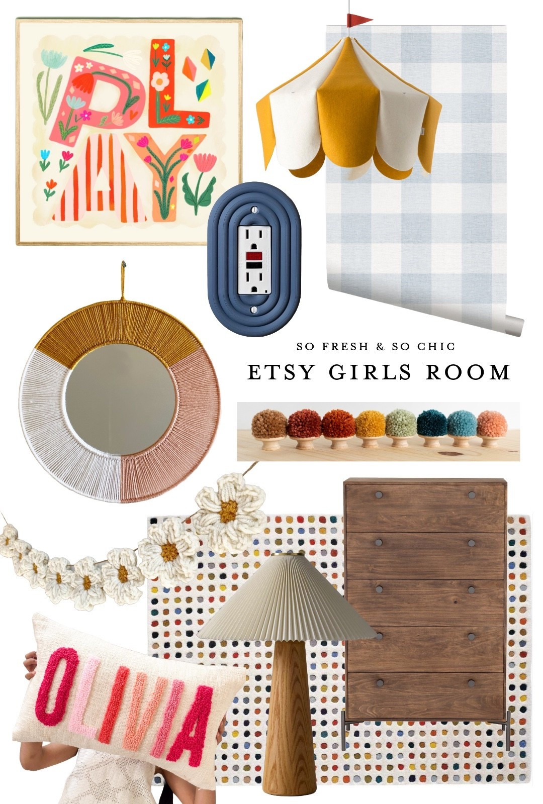 Etsy girls room decor! 
-
Blue and white check wallpaper - Etsy decor - Etsy kids room finds - kids room decor - affordable Etsy finds - colorful light switch covers - printable art - round wall mirror - circus tent ceiling light shade - mid century modern table lamp - custom name pillow kids- wood dresser - pompom dresser knobs - polka dot rug Etsy - colorful kids room decor Etsy 

#LTKKids #LTKBump #LTKBaby