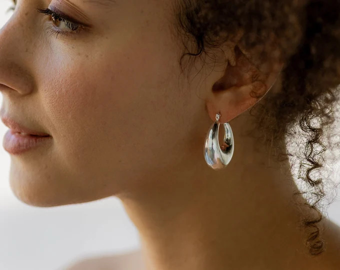Super Chunky Silver Hoops L Thick Silver Hoops L Sterling Silver Plated Earrings L Thick Oval Hoo... | Etsy (US)