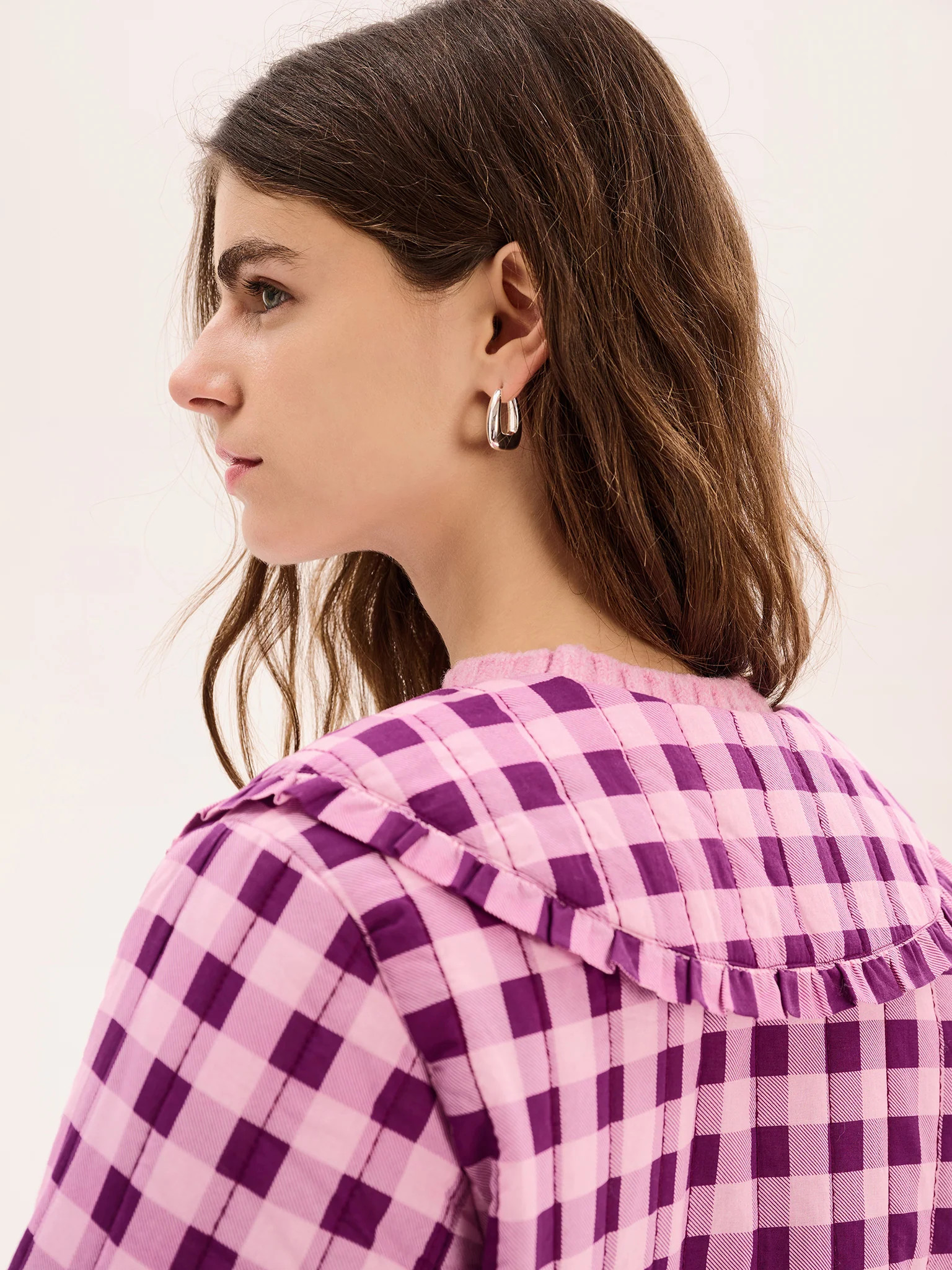 Peggy Quilted Jacket in Pink Gingham | OMNES UK