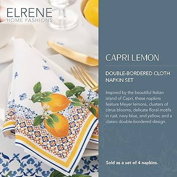 Elrene Home Fashions Capri Lemon Double-Bordered Mediterranean Spring/Summer Cloth Napkins, 17 In... | Amazon (US)