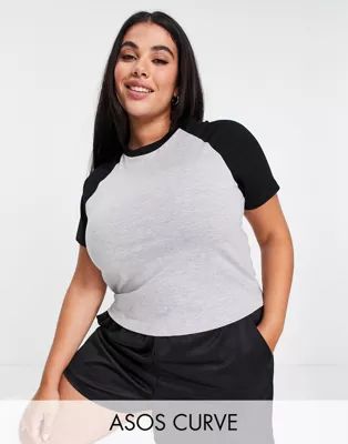 ASOS DESIGN Curve fitted crop top with contrast raglan sleeve in gray and black | ASOS | ASOS (Global)