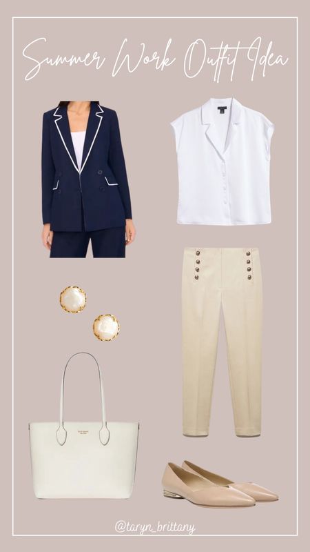 Classic Summer Work Outfit Idea 💙🤍

Navy blazer 
White blouse 
Nude pointed toe flats
Tan pants 
Pearl earrings 
White tote bag 

Work wear 
Work outfit 

#LTKItBag #LTKShoeCrush #LTKWorkwear