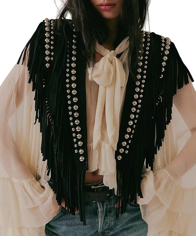Luckinbaby Ponchos Collar for Women Studded Faux Suede Shawls Wrap Tassel Open Front Western Cape... | Amazon (US)