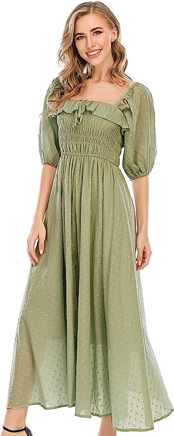 R.Vivimos Women's Polka Dot Slim Half Sleeve Puff Flare Sleeve Square Neck Tie Long Midi Dress | Amazon (UK)