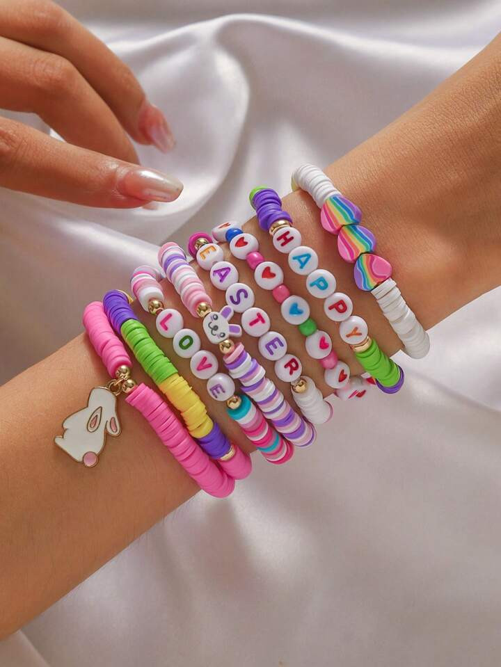 8PCS Easter Bunny Letter Element Soft Ceramic Bracelet Set | SHEIN