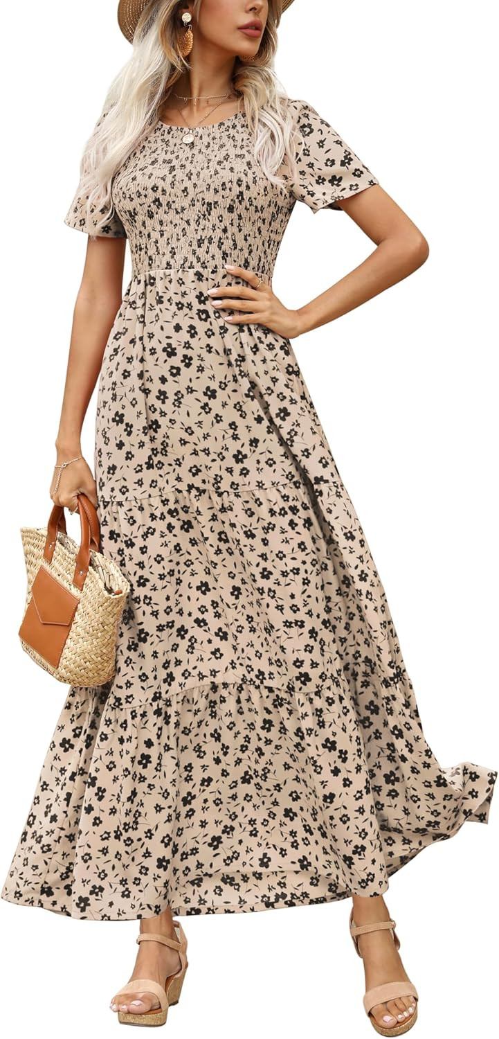 Maggeer Womens 2026 Summer Spring Smocked Wedding Guest Maxi Dress Casual Short Sleeve Floral Boho Flowy Long Dress | Amazon (US)