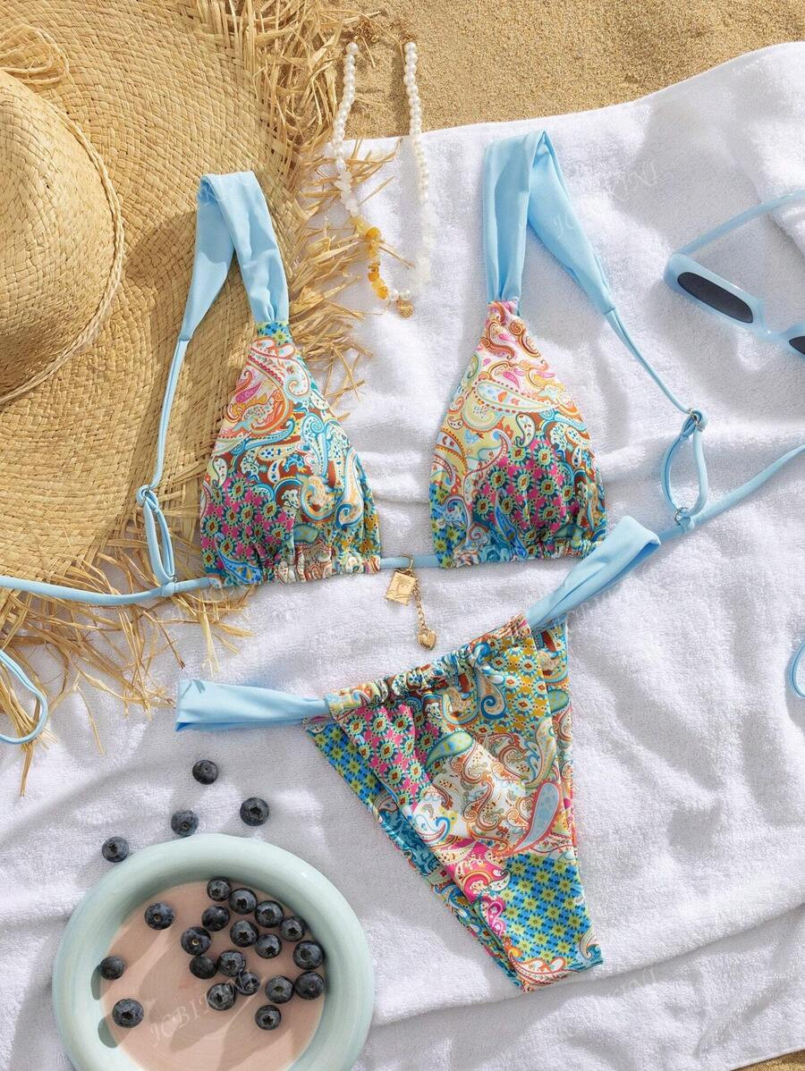 2pcs/Set New Soft Cup Adjustable Strap Printed Tie Front Elegant Party Bikini Swimsuit, Summer Be... | SHEIN