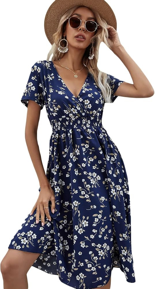 Milumia Women's Floral Print Shirred High Waist V Neck Short Sleeve A Line Midi Dress | Amazon (US)
