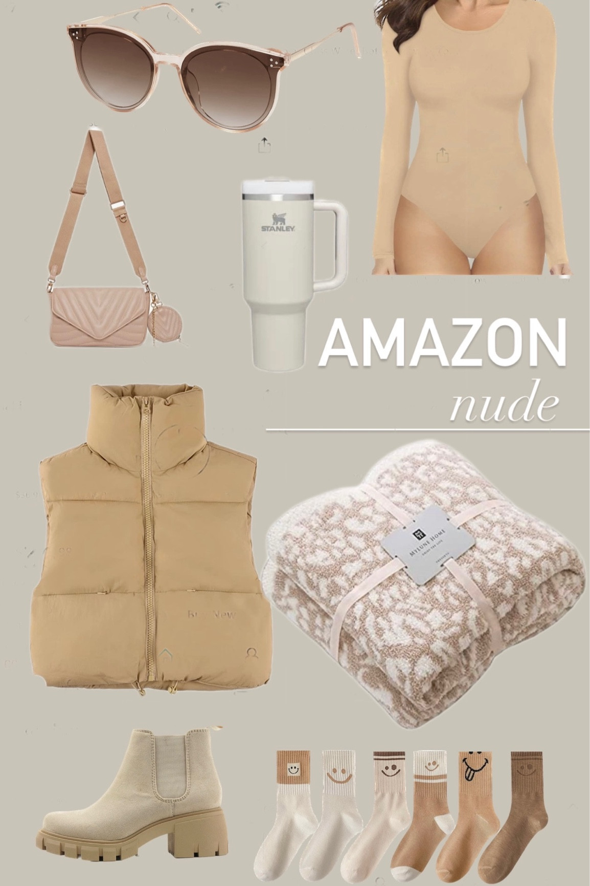 Amazon finds nudes addition! I love good basics! 

Amazon 
Amazon find
Purse 
Stanley tumbler
Puffer vest 
Bodysuit 
Throw blanket 
Smilie face socks 

#LTKitbag #LTKFind #LTKunder100