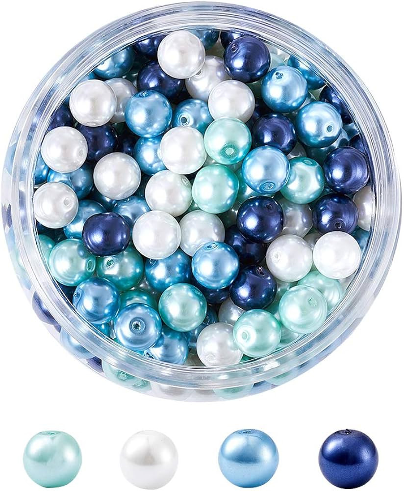 Pandahall Blue & White Theme 8mm Satin Luster Environmental Glass Pearl Beads for DIY Jewelry Cra... | Amazon (US)