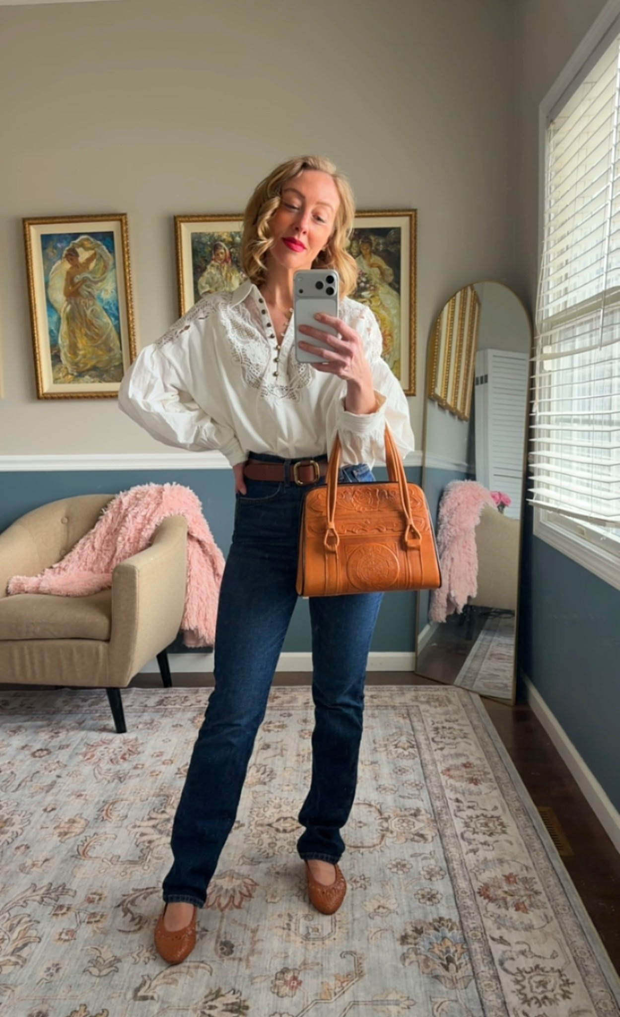 White embroidered blouse, dark straight-leg denim, brown leather belt, woven leather flats, and structured tan leather handbag.

Classic spring outfit idea for everyday wear, lunch, or casual events.

Timeless American style.


#LTKOver40 #LTKSeasonal #LTKootd