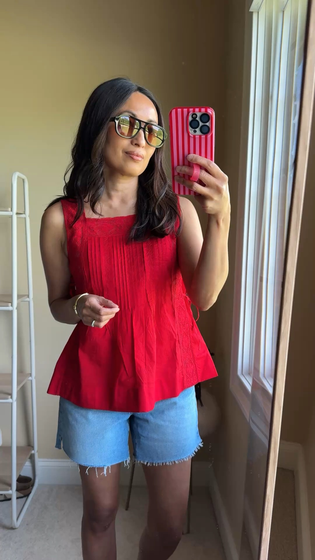 Favorite pieces for a summer outfit. 
- Feminine tank top in easy breezy cotton. Love this red. Also comes in white. True to size. 
- Denim shorts with a good length and comfy fit. I sized up. 
- Classic and chic leather thong sandals. Consider sizing up. 
- Woven bag with the perfect texture for the season. Mini size for everyday essentials. Comes in other colors too. 
- Sunglasses look and feel great. Other colors also available. 
- Gold cuff bangle bracelet. 
- Clean beauty makeup essentials.

#LTKootd #LTKOver40 #LTKTravel