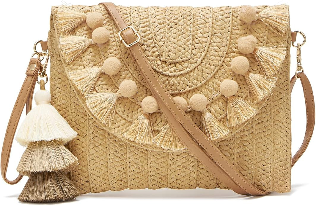 Small Straw Purse for Women Summer Clutch Purses Beach Woven Envelope Bag Raffia Shoulder,Straw C... | Amazon (US)