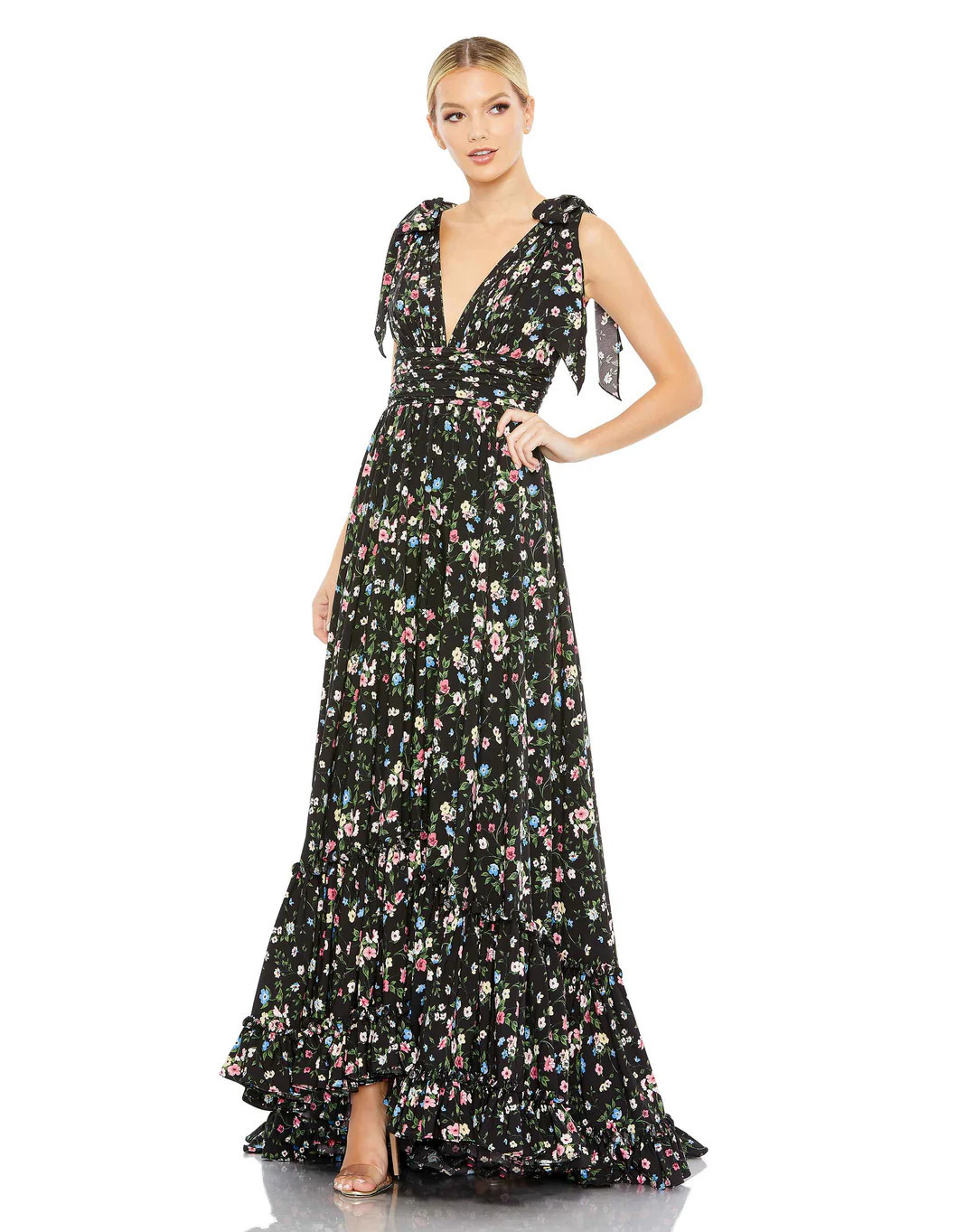 Floral Print Soft Tie Sleeveless Tiered Gown | Mac Duggal