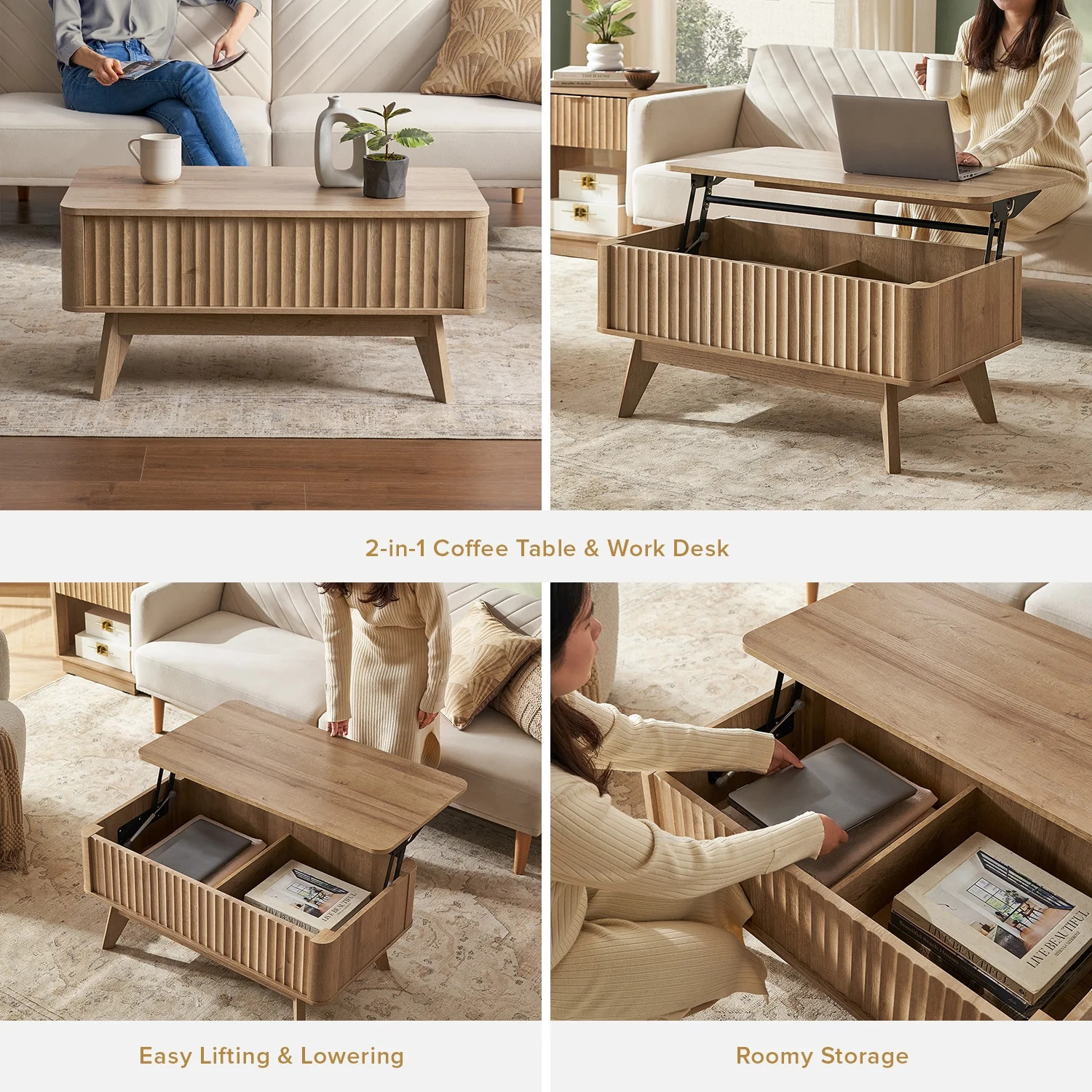 Mopio Brooklyn Mid-Century Modern Lift Top Coffee Table with Storage for Living Room, Waveform Pa... | Walmart (US)