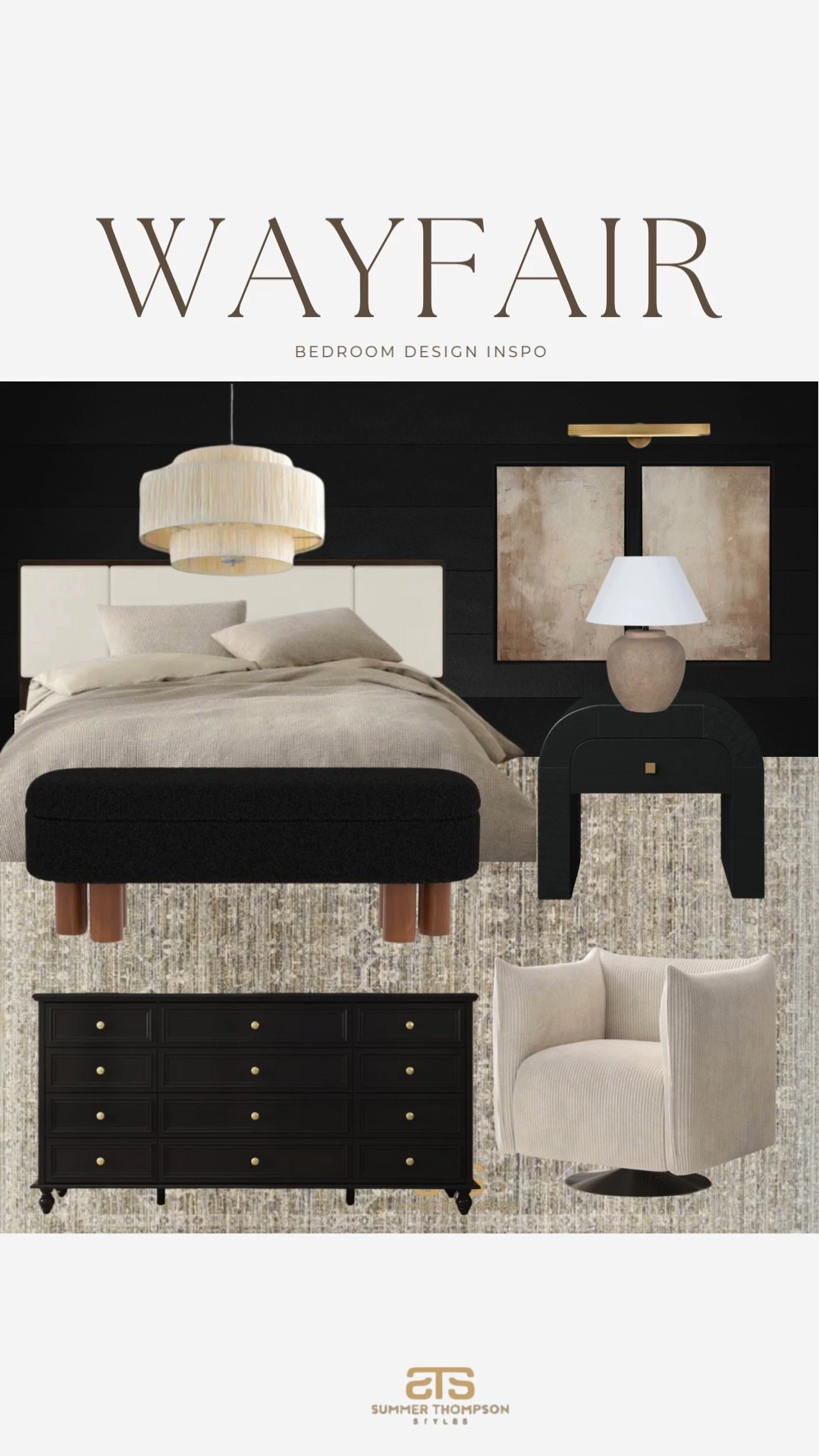 Warm neutrals with bold contrast for an elevated bedroom look.

Black dresser. Taupe bedding. Layered artwork. Ceramic table lamp. Textured accent chair. Oversized pendant. Modern bench.

#WayfairHome #BedroomInspo #NeutralDesign


#LTKHome