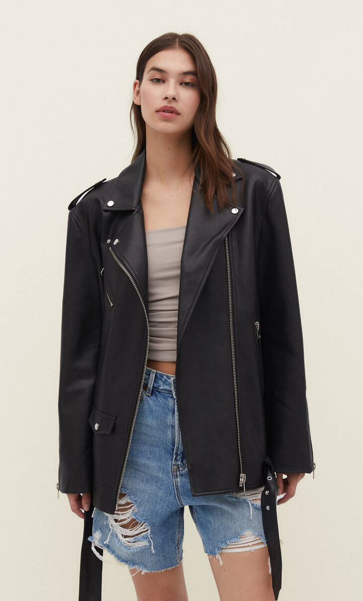 Oversized faux leather biker jacket | Stradivarius (UK)