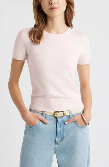 Open Edit Fitted Short Sleeve Sweater in Pink Carinaria at Nordstrom Rack, Size X-Small | Nordstrom Rack