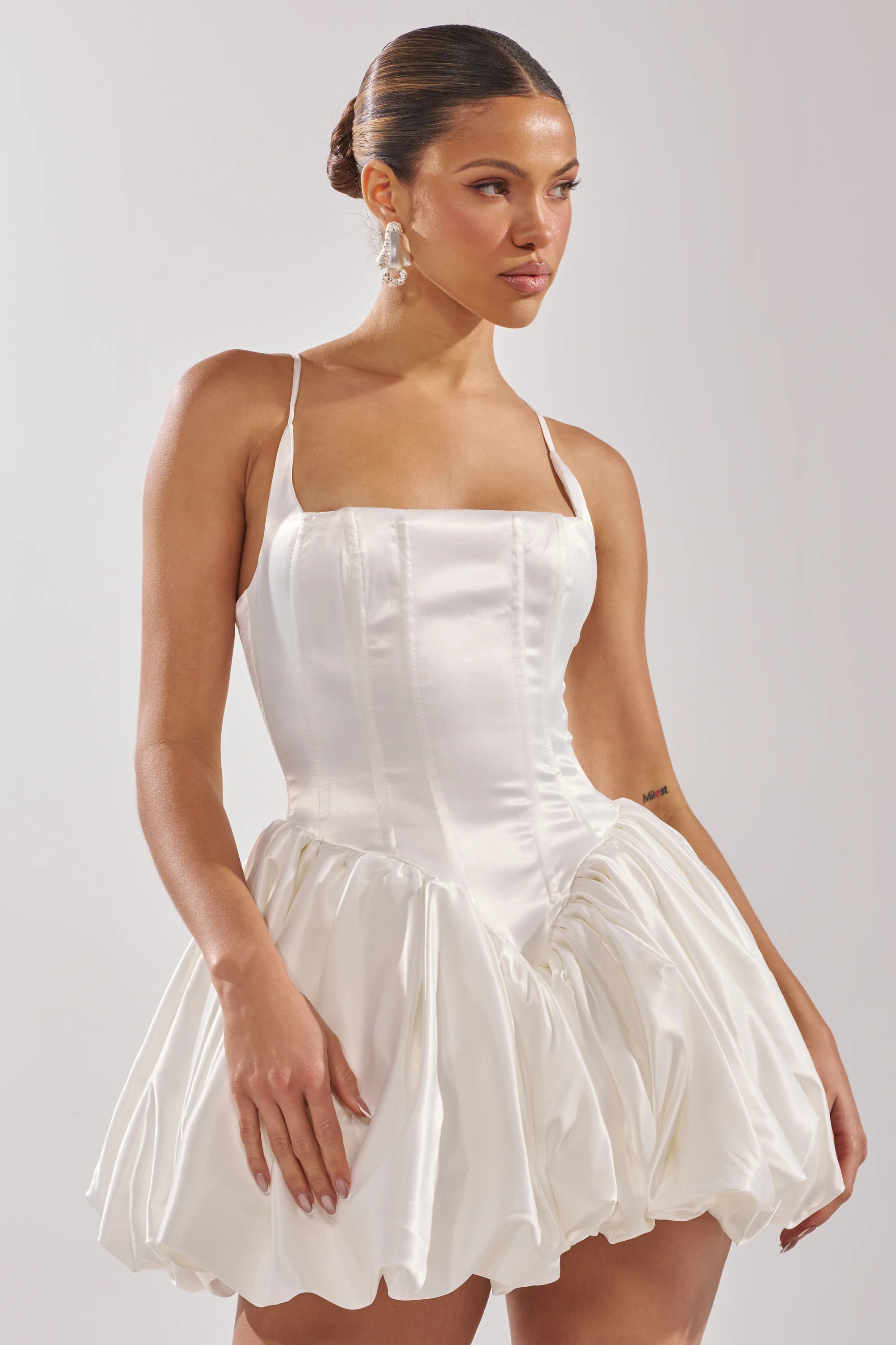 JULIET SATIN MINI DRESS IN IVORY | AKIRA